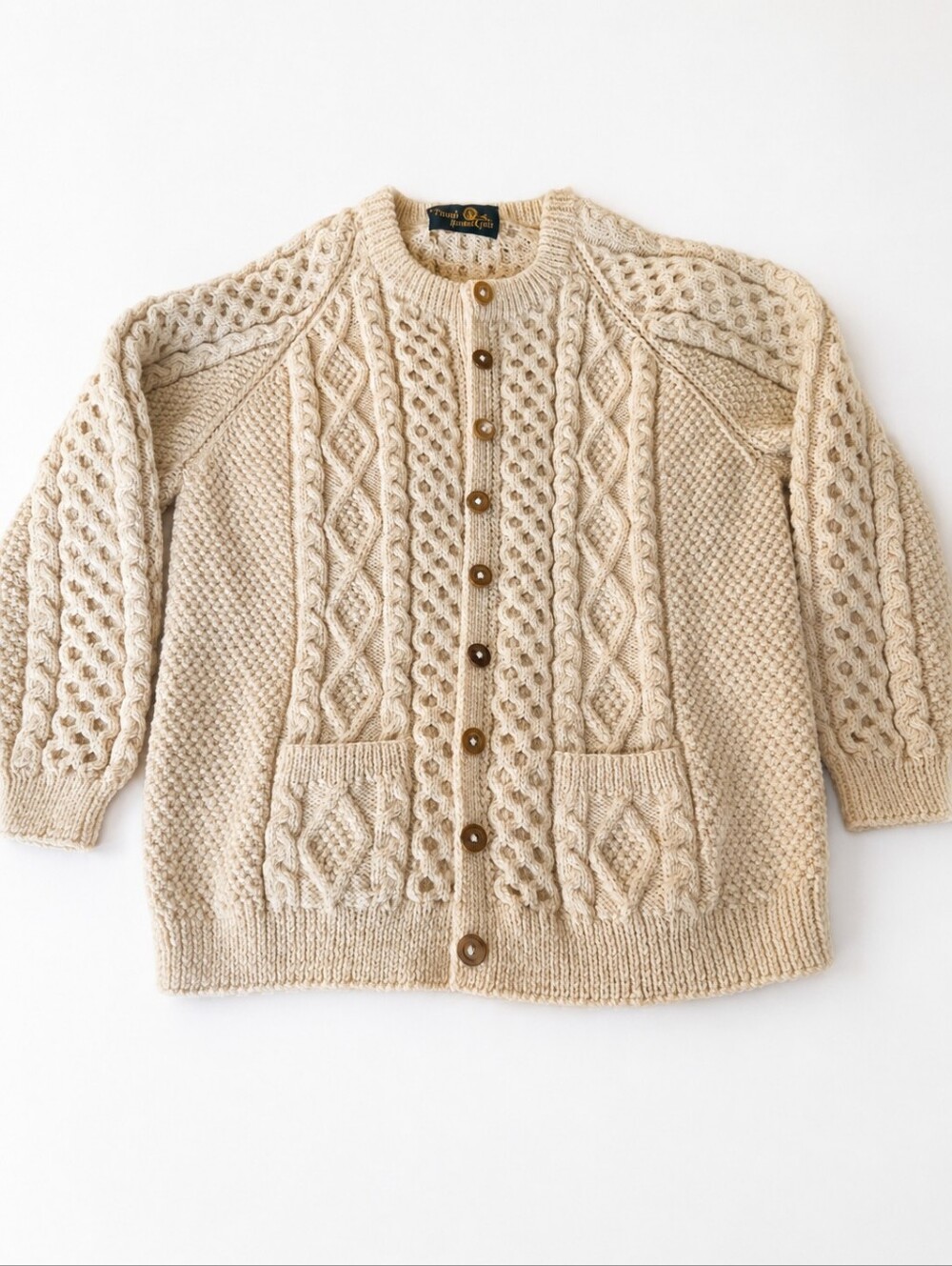 Vintage Tivoli 100% Wool Handknit Aran Fisherman Cardigan, Chunky Sweater